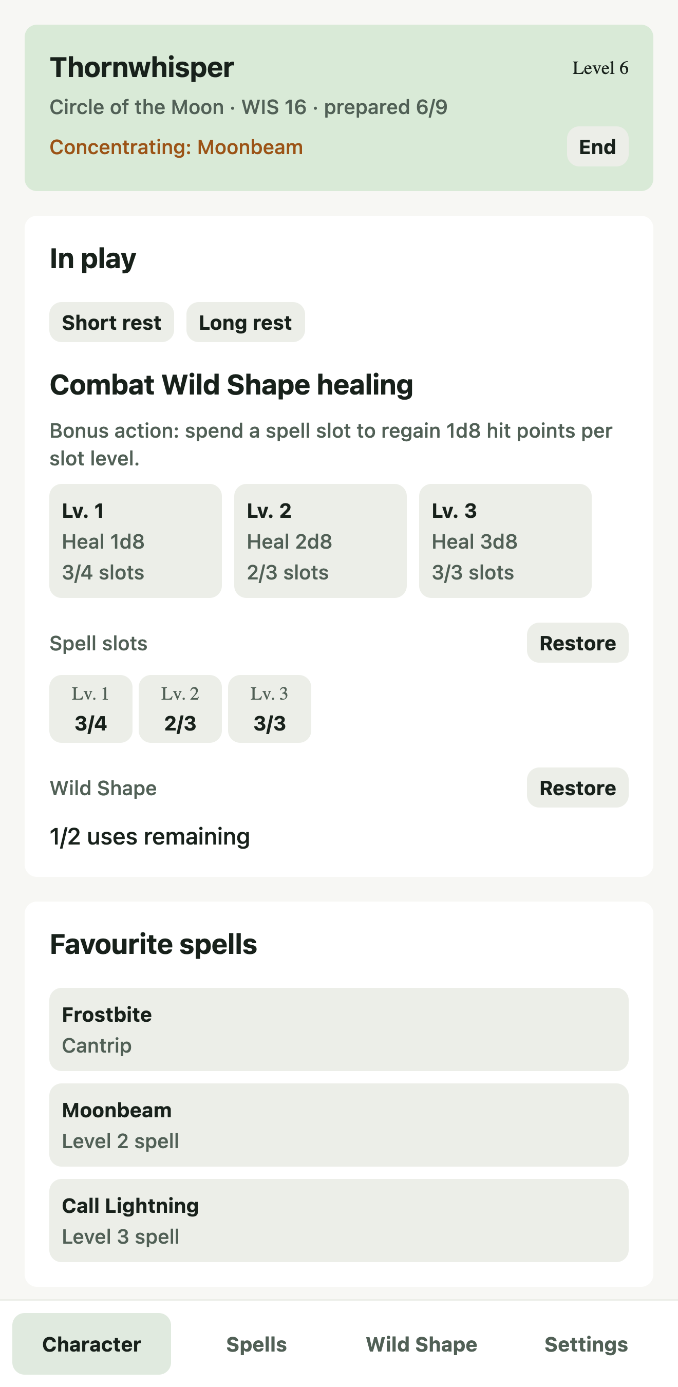 Tablehand Druid character screen: druid summary, in-play rest controls, spell slots, Wild Shape uses, and favourite spells